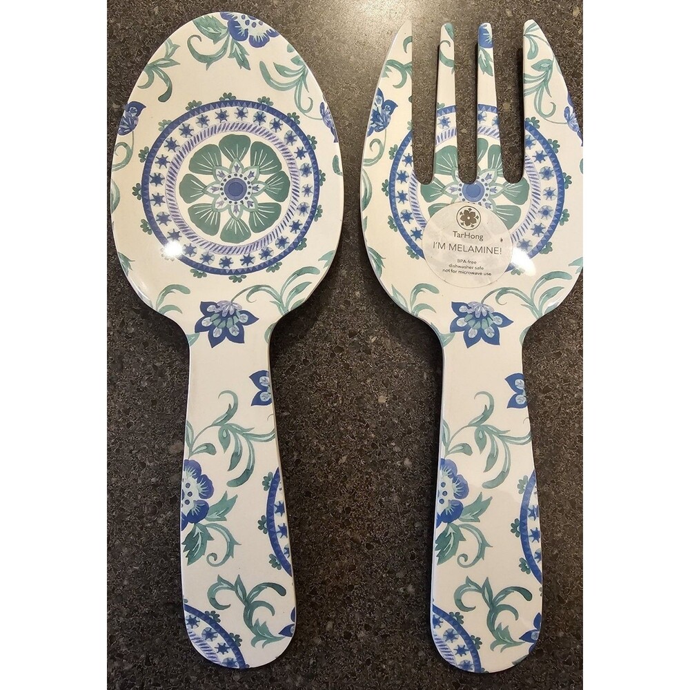 TarHong Melamine Salad Servers Set Blue Floral Fork & Spoon NEW